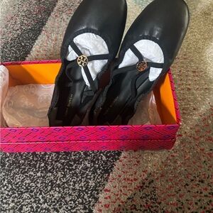 Tory Burch Black Flats with Gold Logo